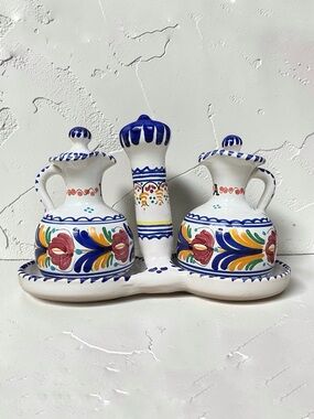 Vintage Spanish Hand-Painted Ceramic Oil and Vinegar Cruet Set